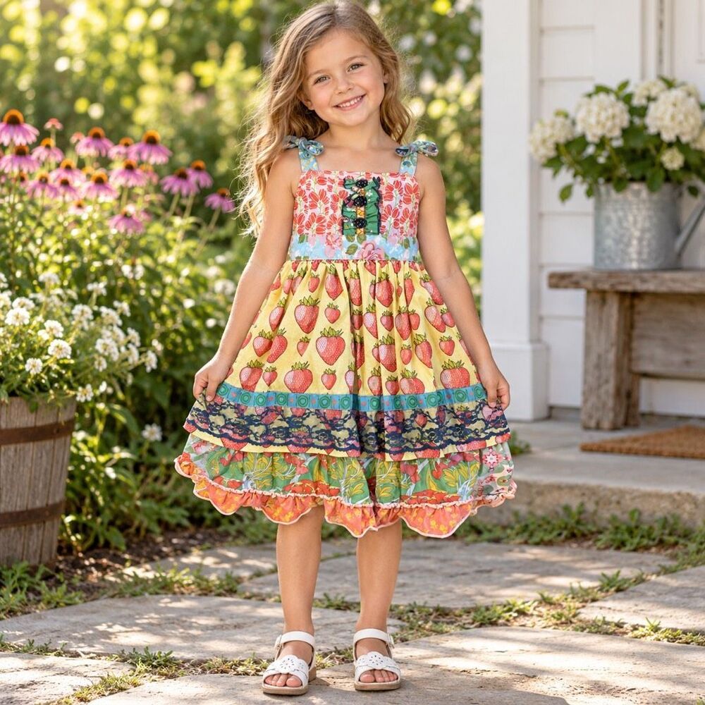 Matilda Jane Girls Size 6 Strawberry Patchwork Tiered Ruffle Apron Dress